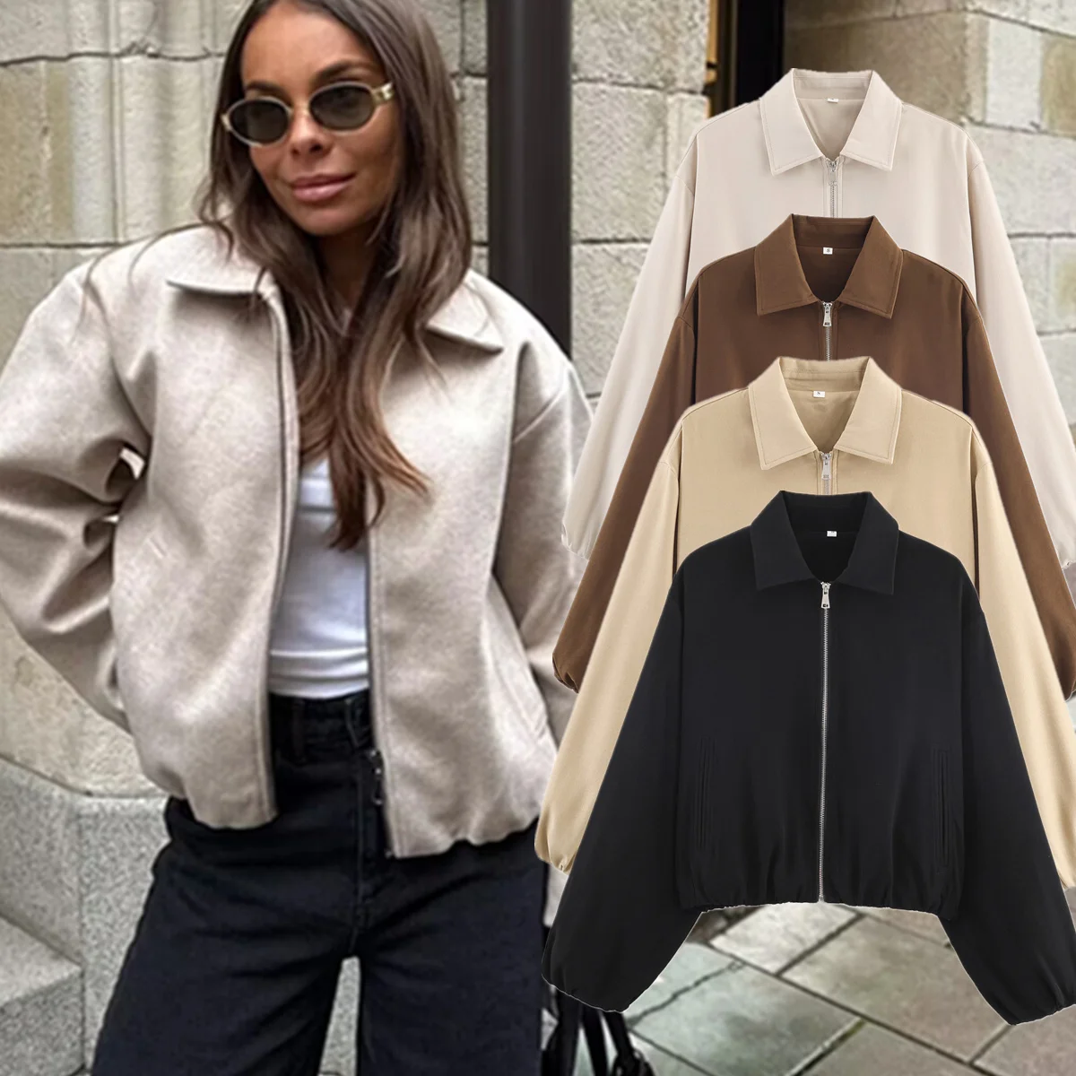 

Dave&Di осенне-зимняя женская куртка-бомбер, французский минималистичный однотонный свободный стиль бойфренда, короткая куртка с карманами, женский топ