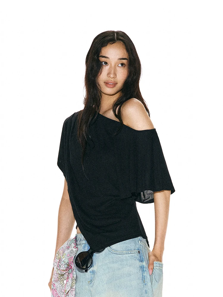 REDDACHiC Women Slant Shoulder Poncho Top Modern Solid Modal Asymmetrical Short Sleeve Cleanfit T Shirt Causal Summer Clothes