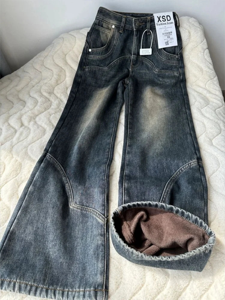 

plus Size American Fleece Lined Thick Wide Leg Micro Flared Jeans Women Autumn Winter Plump Slimming Not Legging Straight Leg...