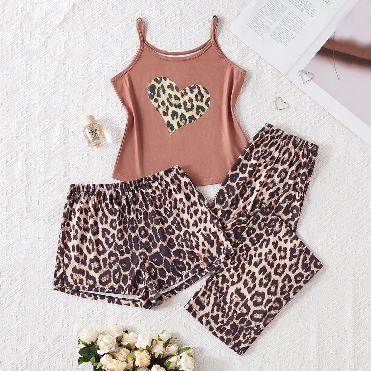 3-Piece Women's Spring and Summer Lazy Style Ins Leopard Print Sexy Suspenders Summer Pajamas for Women Middle Eastern Personalized Long Shorts Pajamas Set