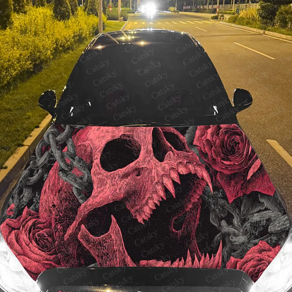 

Fantasy Red Skull Rose Car Cover Decal, Auto Hood Sticker, Waterproof and Self-adhesive Auto Vinyl Wraps, Cool Car Exterior Deco