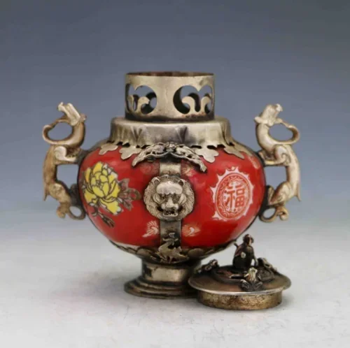 CHINESE PORCELAIN INLAID TIBETAN SILVER&MONKEY LID INCENSE BURNER