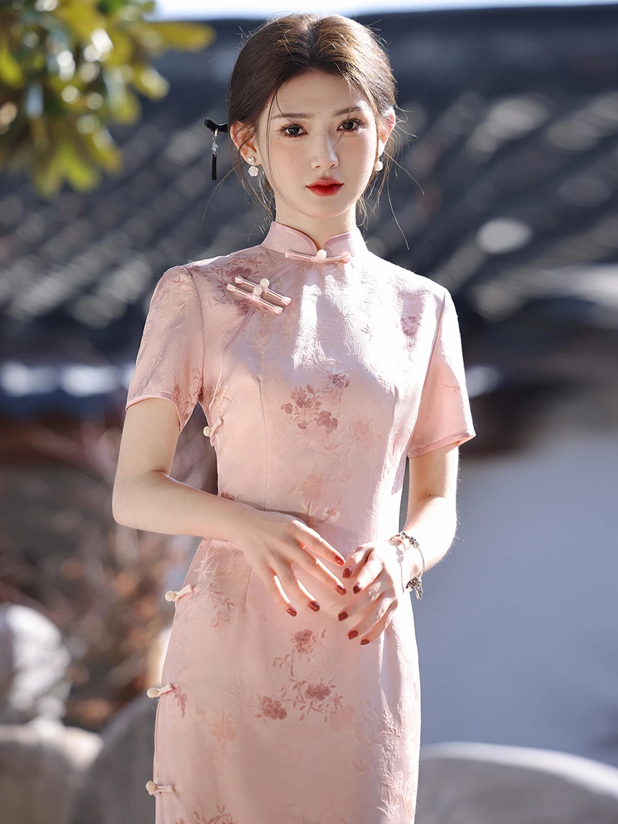 

Розовое ретро-платье для повседневной носки, высококачественное винтажное длинное платье с цветочным узором от бренда Su Cheng Hongyan, короткий рукав