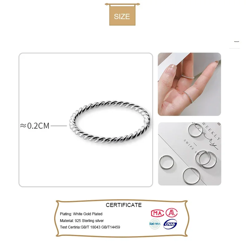 TrustDavis Genuine 925 Sterling Silver Simple Lovely Twist Finger Ring Size 5 6 7 8 9 For Women Party Wedding S925 Jewelry D1175