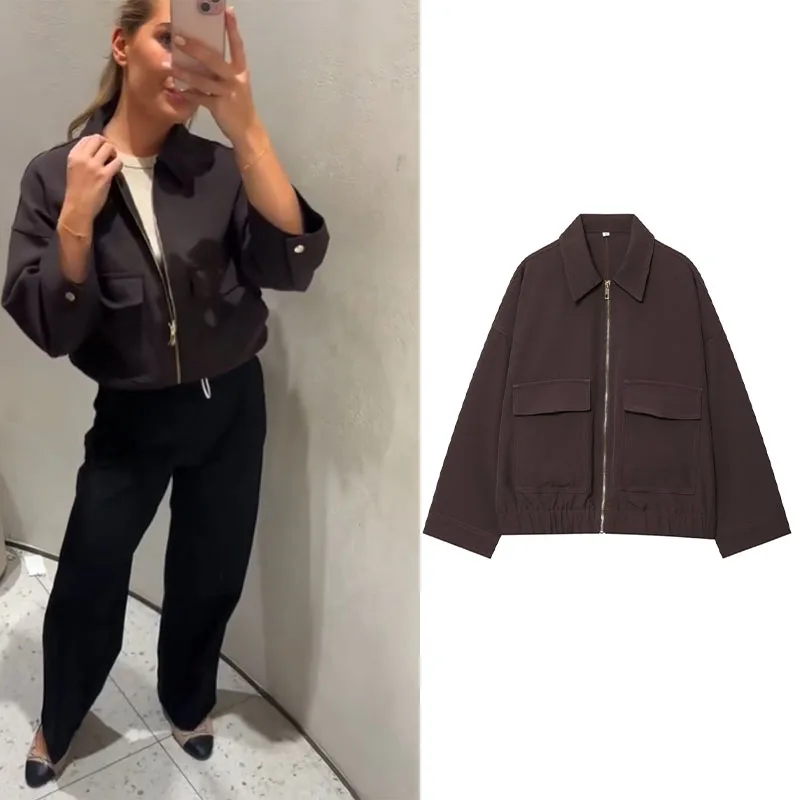 Women Zip Up Cargo Jacket Lapel Collar Drop Shoulder Loose Short Outerwear Elastic Hem Big Patch Pockets Casual Solid Color Coat
