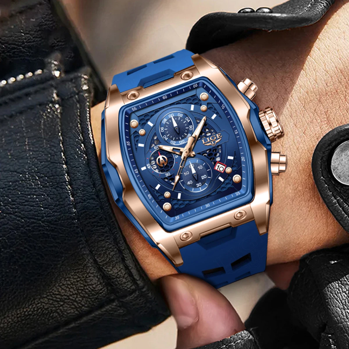 LIGE ساعات كوارتز متعددة الوظائف للرجال موضة رياضية كرونوغراف 5ATM مقاوم للماء سيليكون باند كاجوال رجل ساعة معصم للرجال