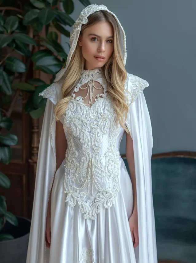 Customzied Classic Elegant White Victorian Bridal Gown Unique Fairy Medieval Cap-Sleeve with Hood Temperament Wedding Dresses