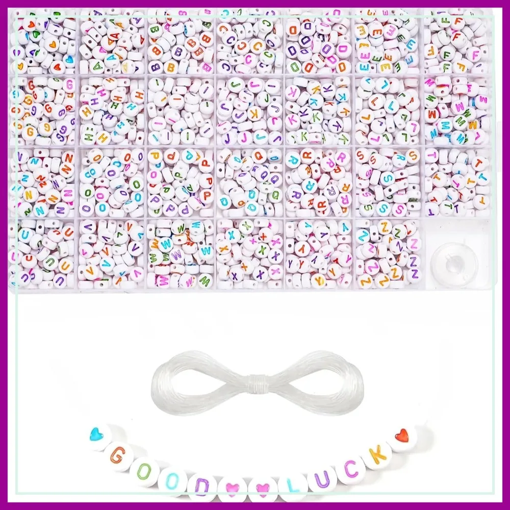

1400Pcs 4x7mm White Round Acrylic Alphabet Beads A-Z Heart Pattern & Crystal Line for Jewelry Making
