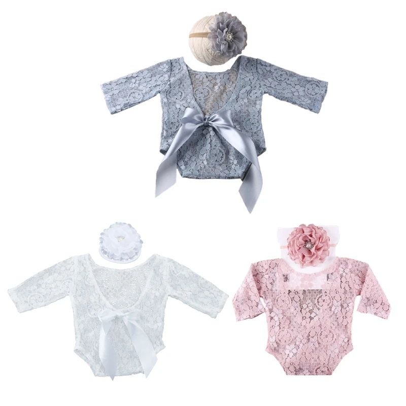 2 Pcs Newborn Photography Props Baby Boys Lace Jumpsuit Bodysuit Floral Hairband