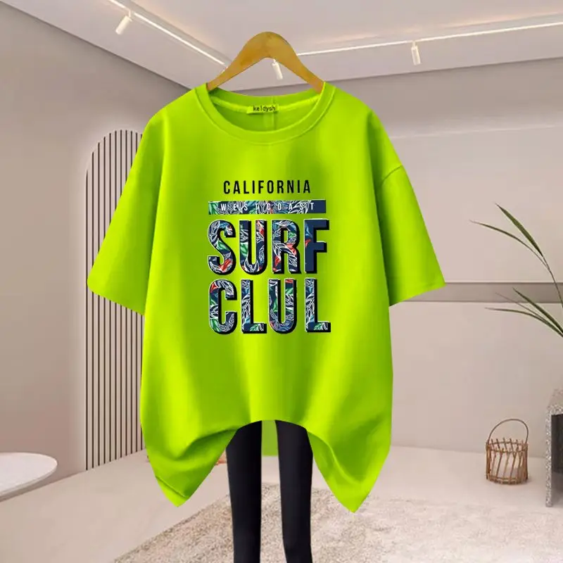 Women Fashion Letter Printing Y2k T-shirts Summer Pure Cotton O-neck Short Sleeve Basic Tee Office Lady Oversized Tops 45-105Kg
