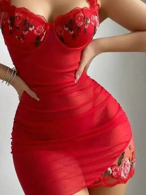 2025 봄 섹시 시스루 솔리드 컬러 드레스 신상 스트랩 오프숄더 플라워 자수 랩 힙 메쉬 드레스 투명 매력적인 2HDL