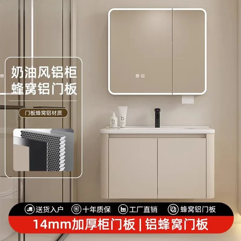 Bathroom cream style space aluminum honeycomb bathroom cabinet combination ceramic integrated washbasin cabinet washbasin