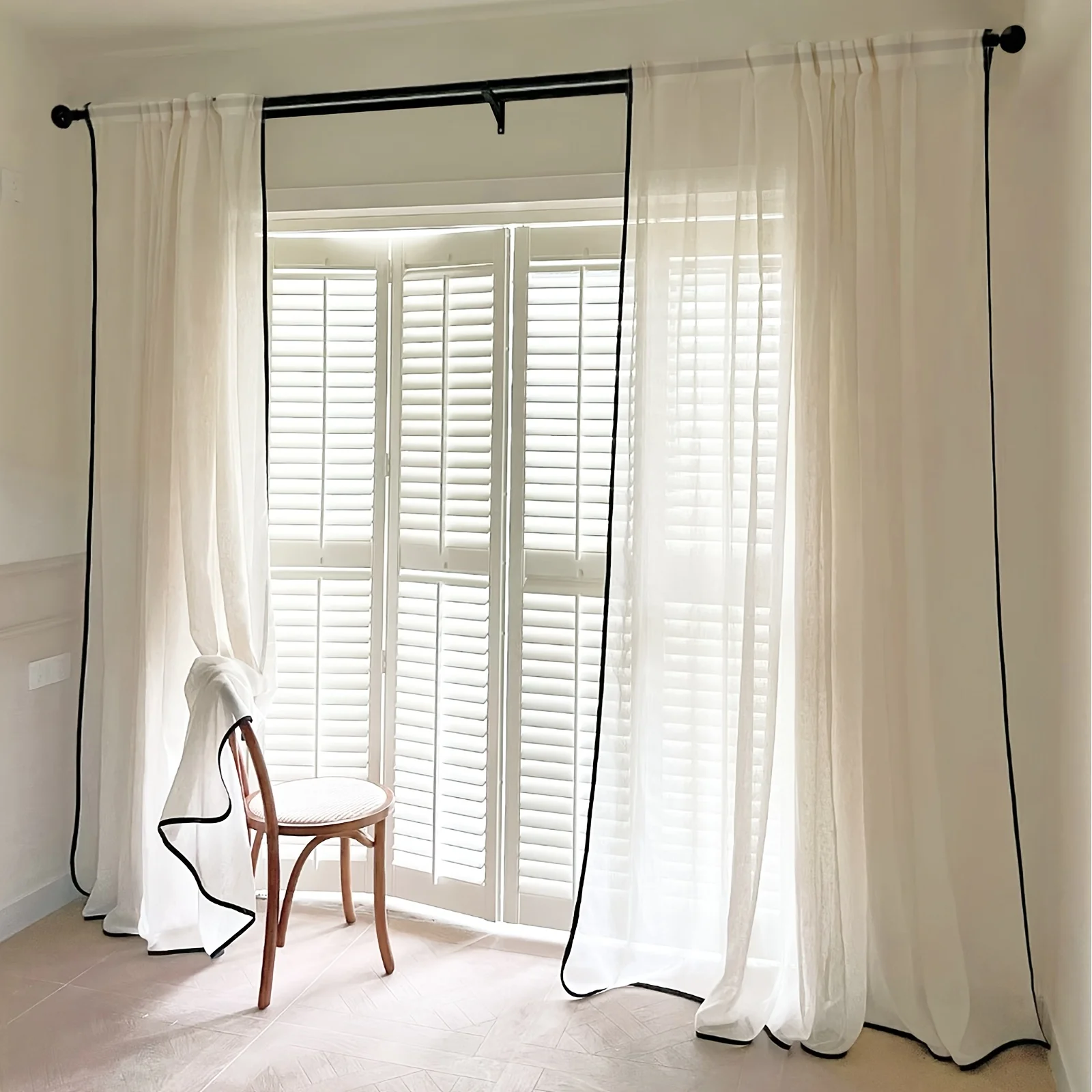 1pc French Plain Linen Sheer Curtain, Edge, Semi-Transparent, Modern Minimalist Living Room Bedroom Window Drapery, Rod-Pass Thr