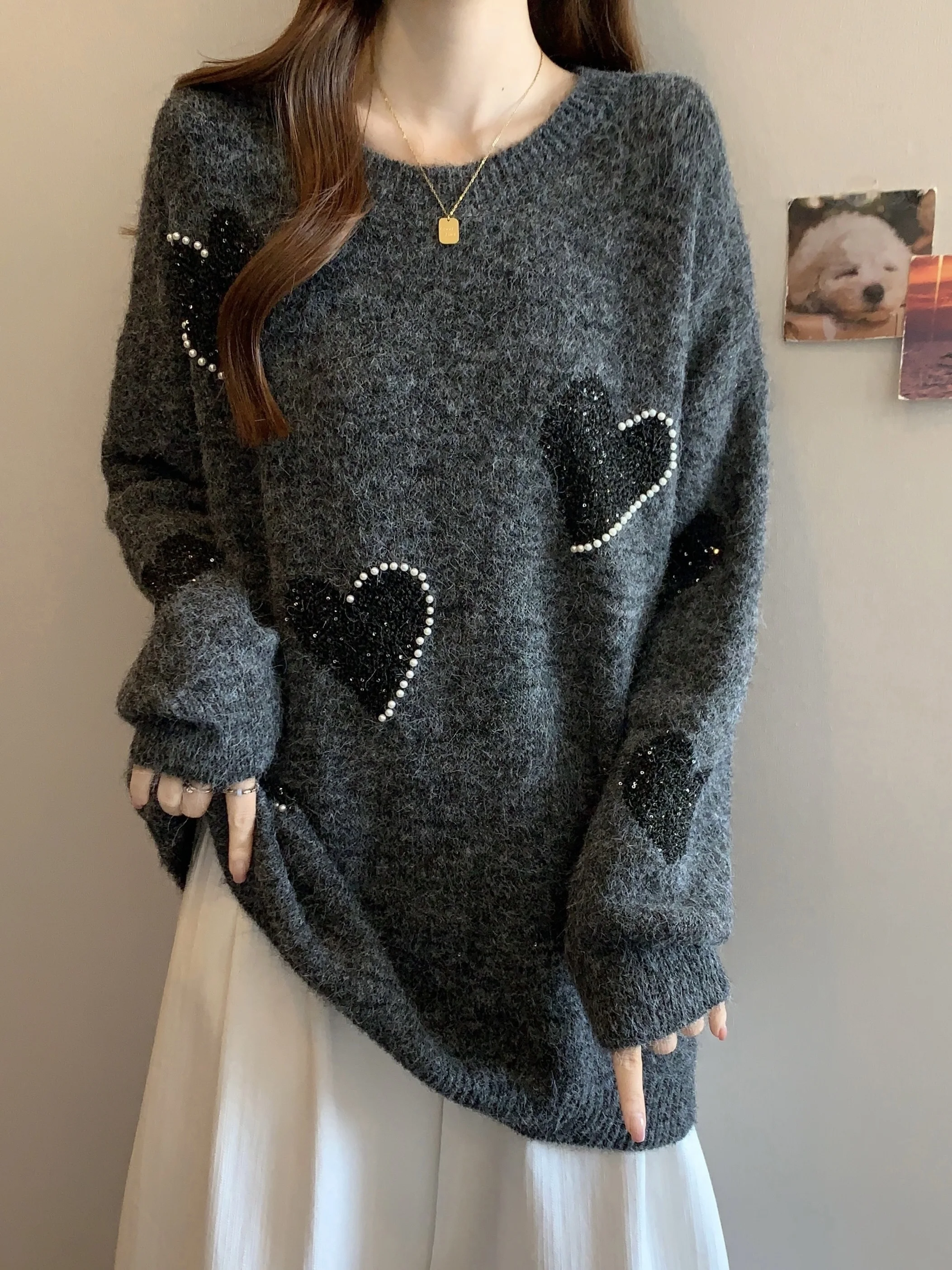 

Heavyweight Knitted Heart aped Beaded Design Women's Sweater plus Size Loose mid Length Top Faionable Butt Covering