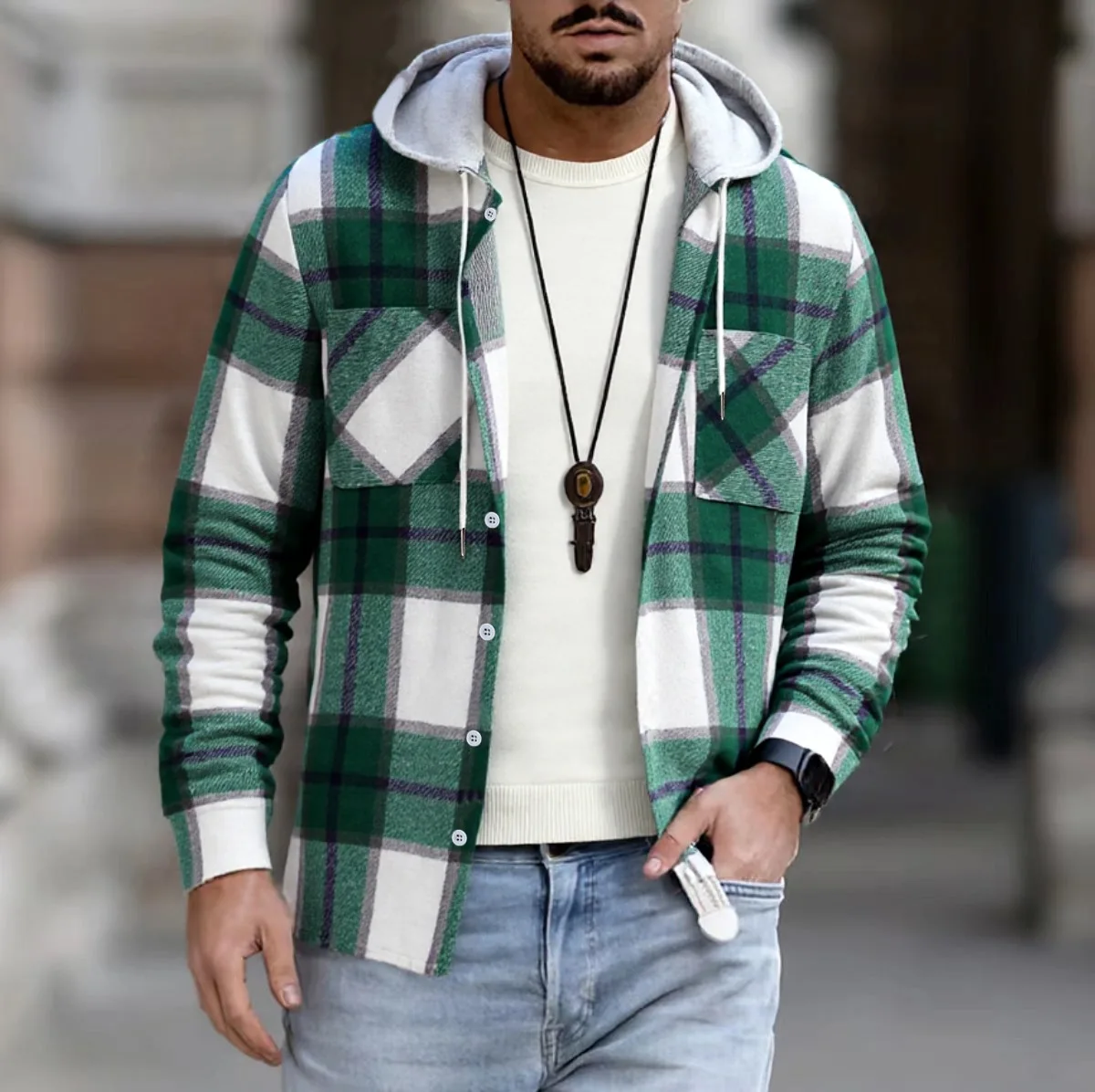 

Мужская клетчатая куртка-рубашка с капюшоном и длинным рукавом, повседневная модная верхняя одежда на осень и зиму