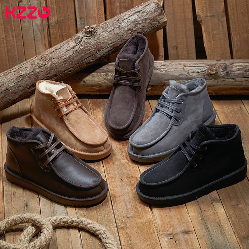 KZZO 2023 Real Sheepskin Lace-up Snow Boots Men Leather Winter Short Ankle Natural Sheep Wool Fur Lined Warm Shoes Size 37-48