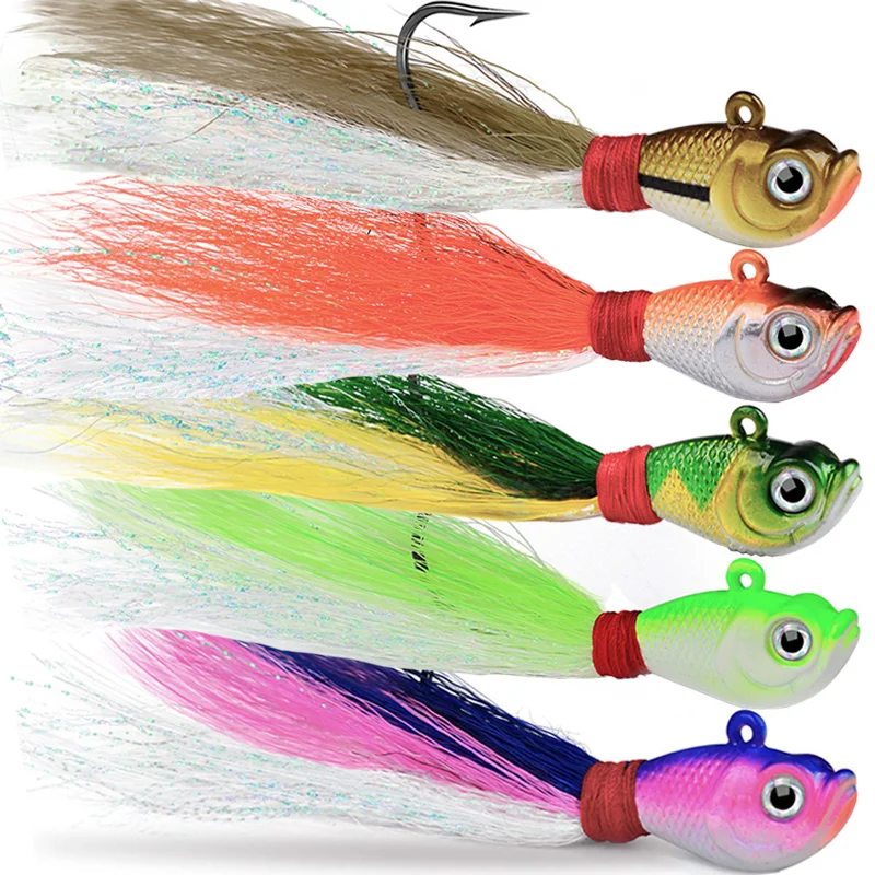 Lot 5pcs Bucktail Jigs Head Fishing Lure Striper Fluke Bass Trout Bait Saltwater Fishing Accessories Lures