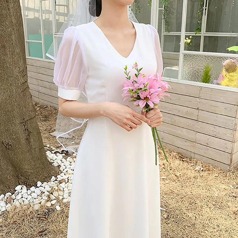 White V-neck Light Wedding Dresses Korean Bubble Short Sleeve Wedding Dress Bridal Photo Shoot Evening Dress Vestidos Para Mujer