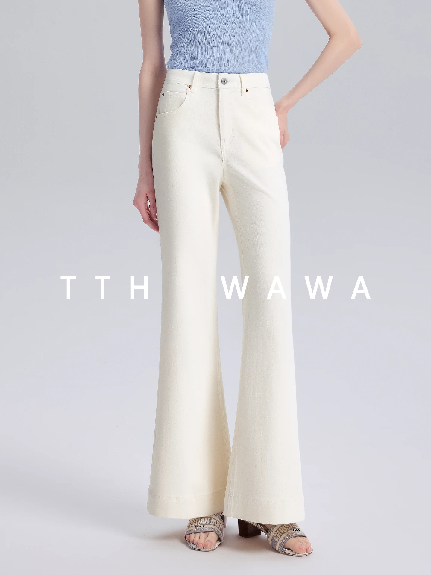 

TTH WAWA High Waist Slimming Bell Bottom Jeans Women's Summer Loose White Floor Length Pants Breathable Comfortable