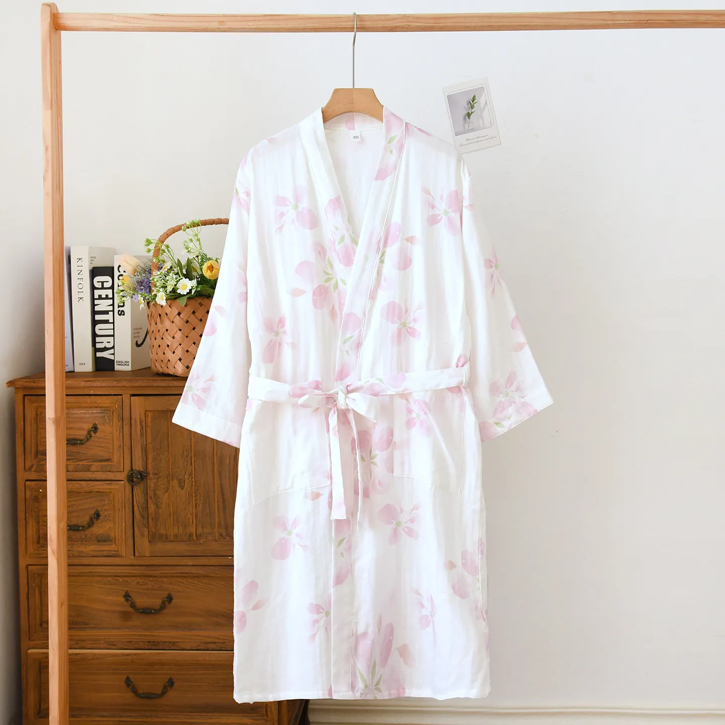 Cherry Blossom Print Women's Bathrobe 2026 Spring Japanese Style 100% Cotton Sleep Gown with Sashes Casual Loose Leisure Wear