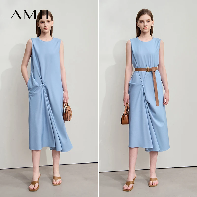 

Amii Minimalism Casual Dress 2025 Summer New Vacation Women Office Lady Pleated Sleeveless Solid Loose A-Line Dress 12542075