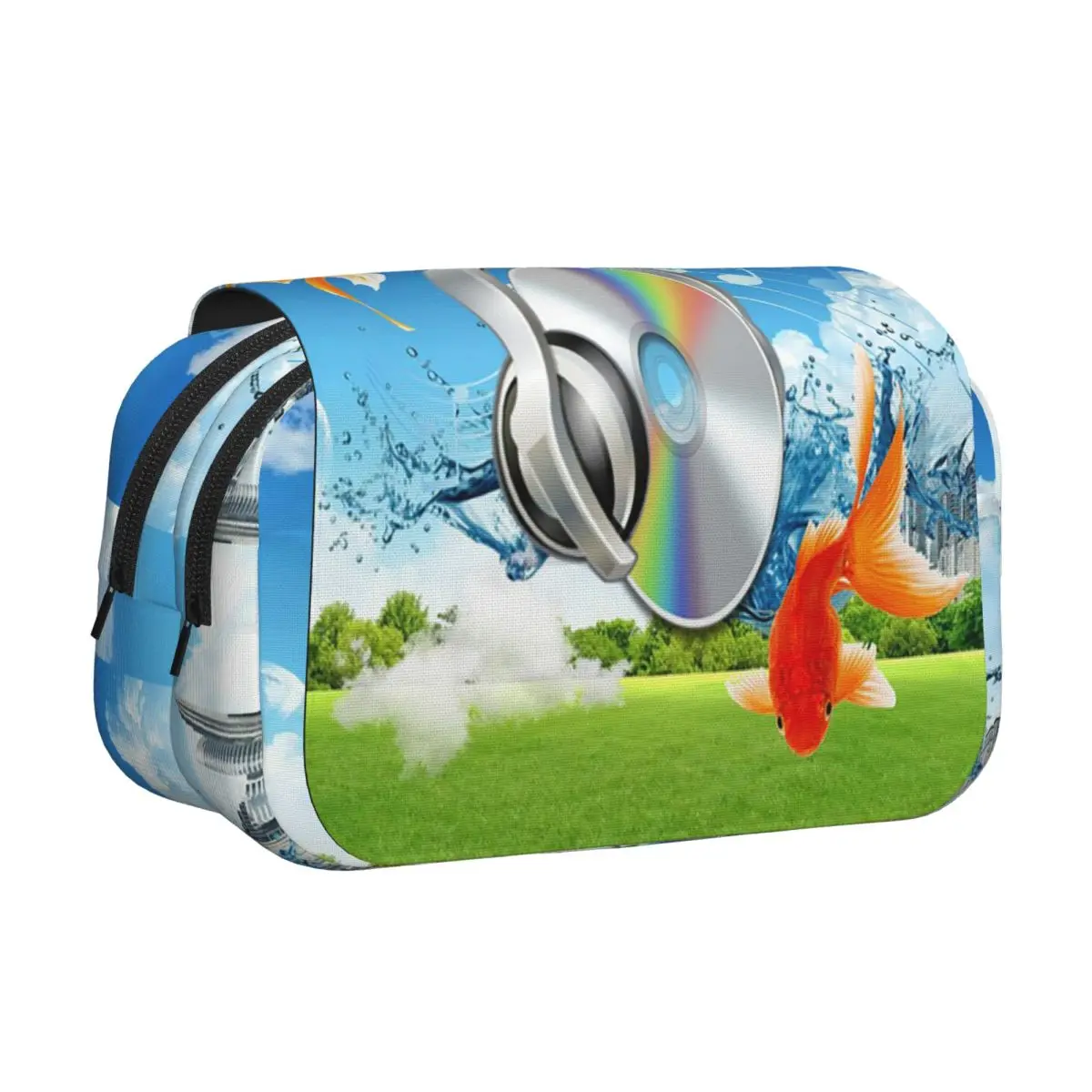Frutiger Aero CD Listening To Music With Fish Pencil Case Pencil Pouch Hard Shell Leather Large Storage Pen Box Pencil