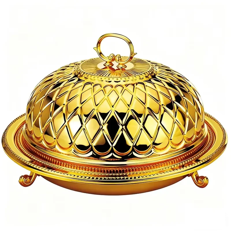 Gold & Silver-Plated Round Dome Round Plate With Cover Set With Pattern for Serving Food