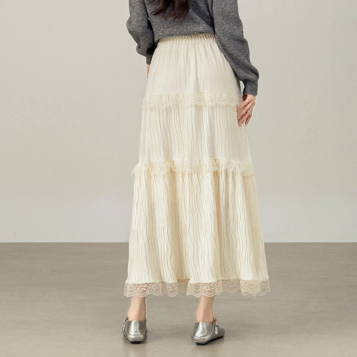 SENTUBILA Women's Long Velvet A-line Skirt 2026 Lace Panels & Three-tier Design Elastic High Waist Skirt Lady Clothes W54QA4115