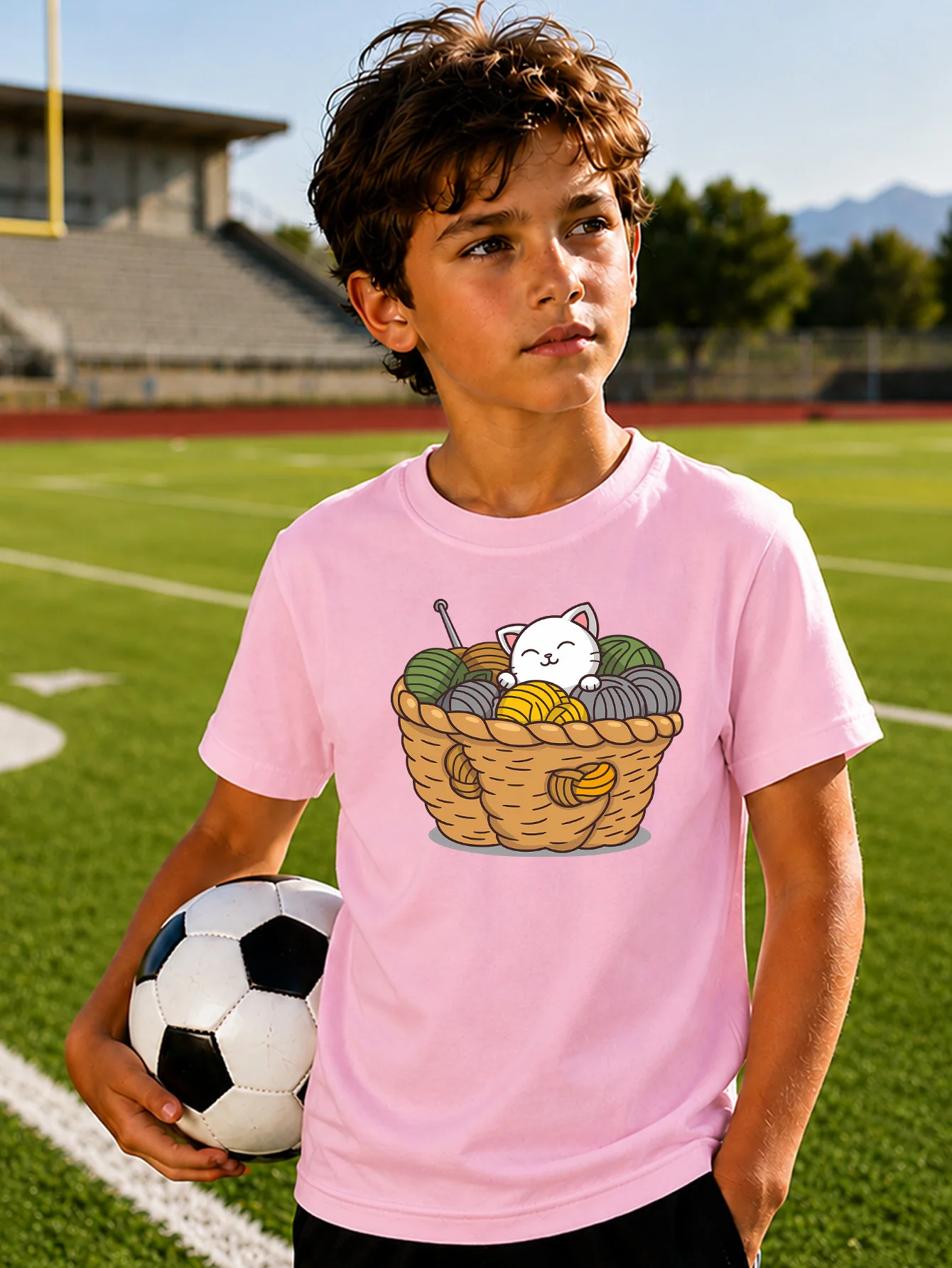 Cute White Cat Yarn Basket Print Family Matching T Shirt Boys Girls Soft Summer Short Sleeve Tees Parent‑Child Daily Tops