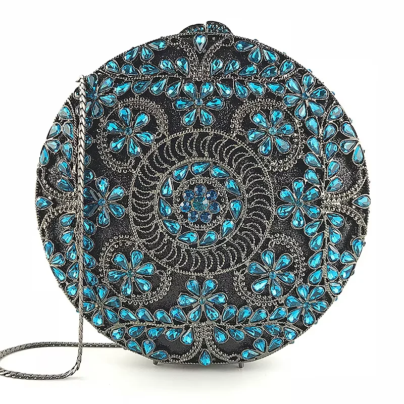 

WHTUOHENGRound Crystals Evening Clutch Bags Women Blue Diamond Clutch Purses Rhinestone Handbags Bridal Wedding Hard Metal Purse