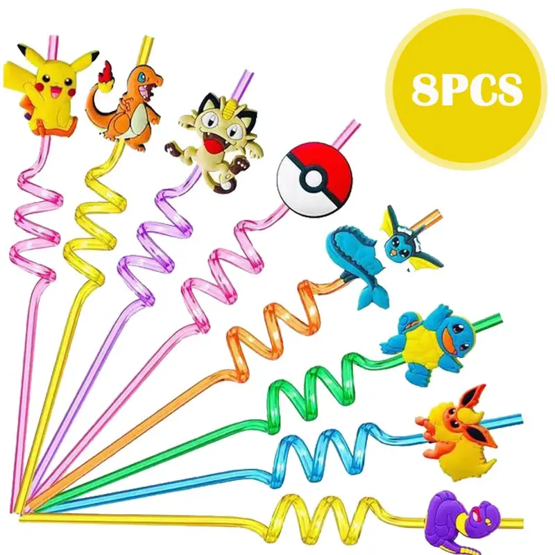 8pcs Pokemon Straws Cartoon Pikachu Theme Reusable Drinking Straws For Kids Birthday Decoration Party Supplies Baby Shower Toys