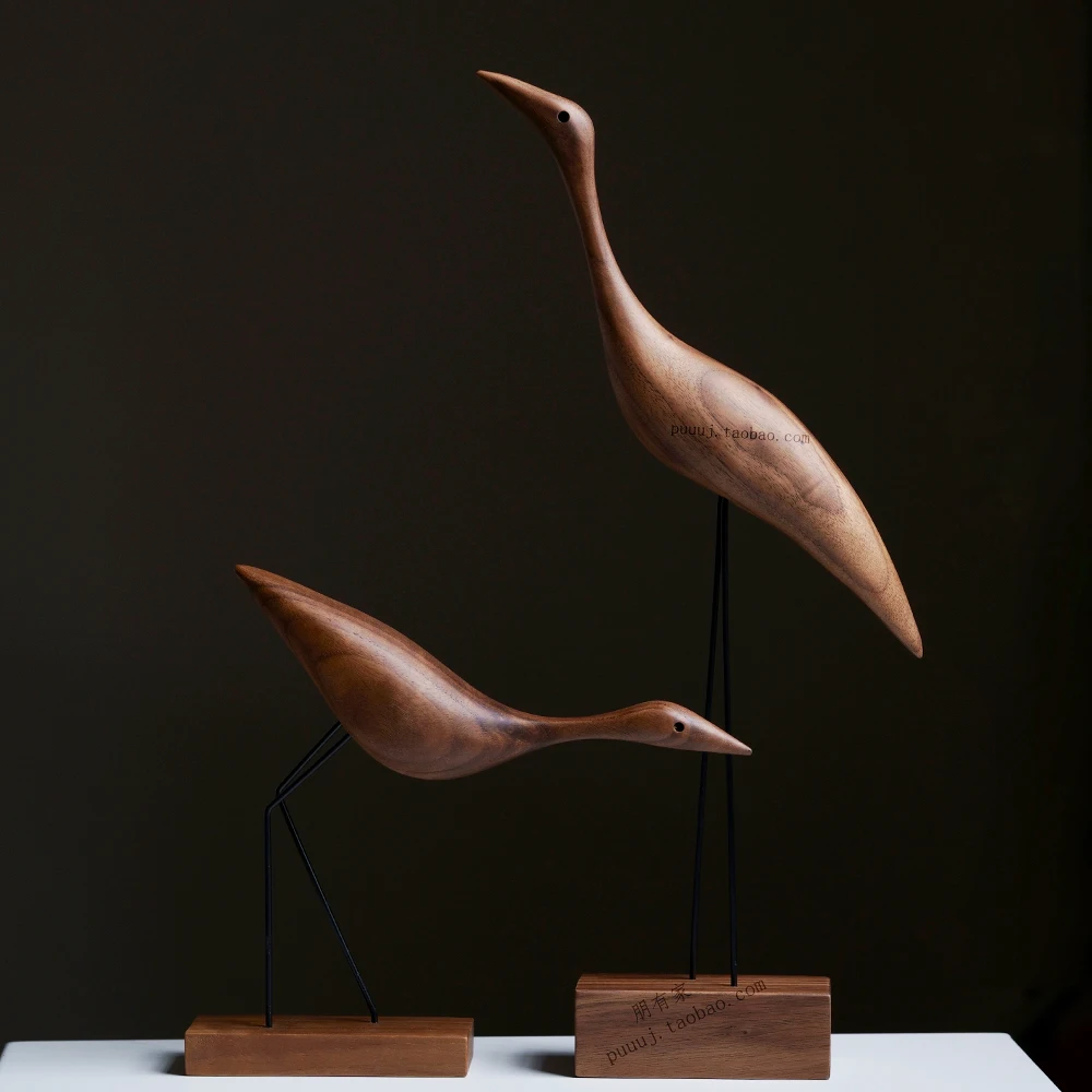 Crane walnut ornament wooden wood carving handicrafts, living room TV cabinet creative art soft decoration