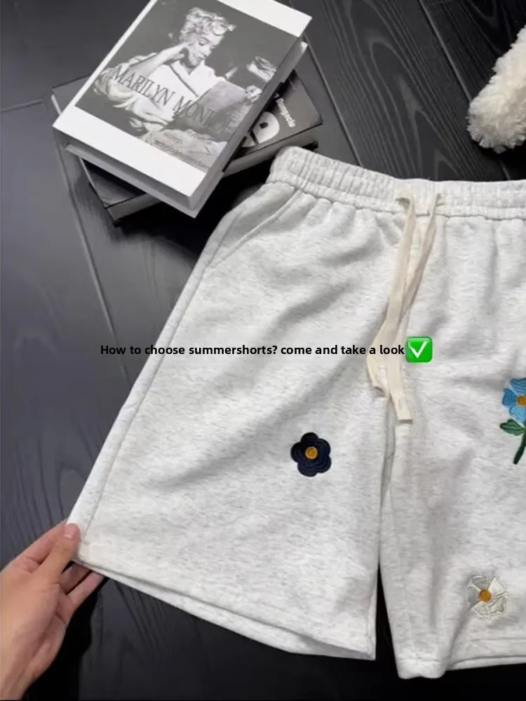 

Ey Спортивные брюки с цветочной вышивкой, мужские летние свободные повседневные брюки длиной пять четвертей, прямые дышащие удобные брюки