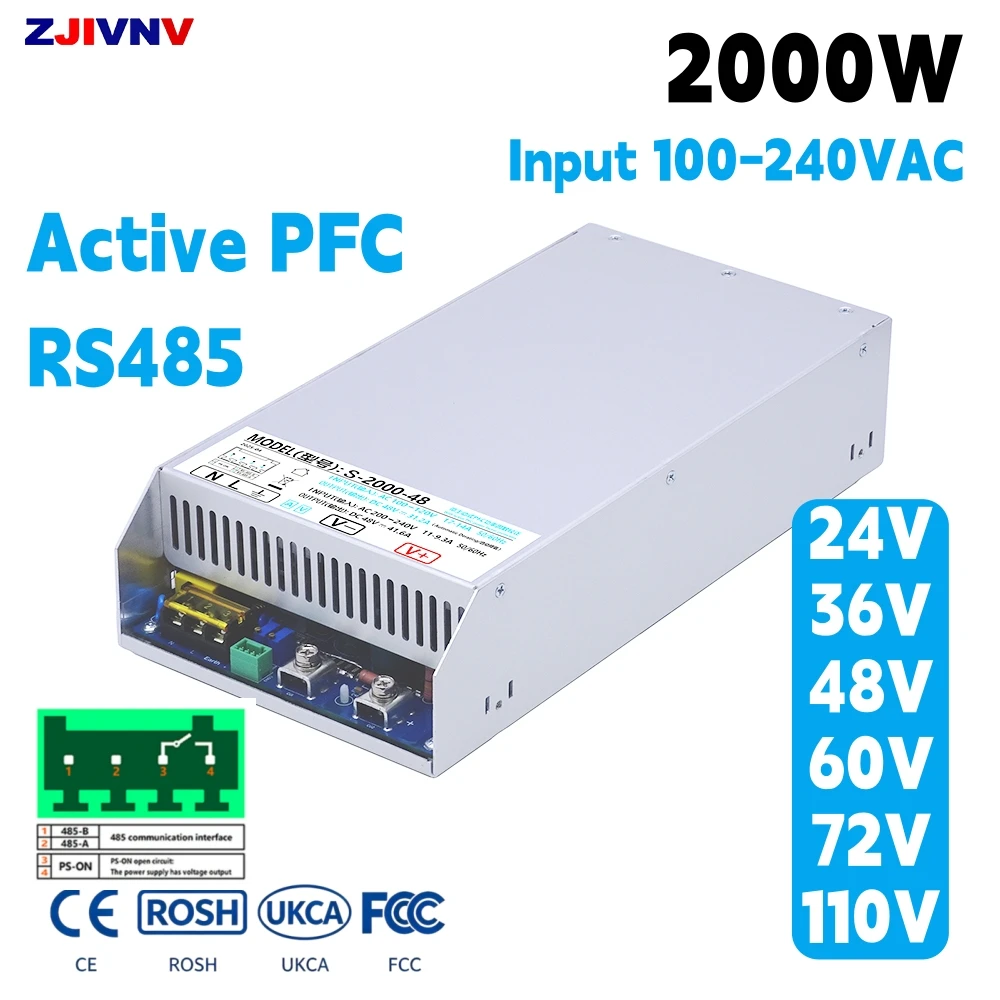 RS485 Controlled 2000W Switching Power Supply with Active FPC 24v 36v 48v 60v High Efficiency SMPS for Industrial Automation led