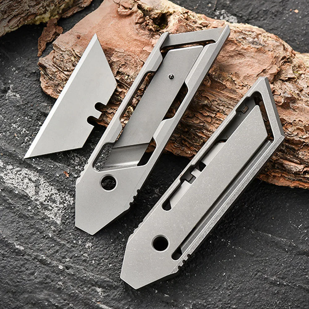 

Titanium Razor Blades Utility Knife Multitools Crowbar Cardboard Box Cutter EDC Pocket Knife Mini Keychain Retractable Boxcutter