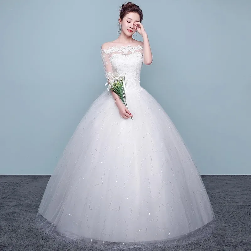 

It's Yiiya Cheap Wedding Dress White Off the Shoulder Half Sleeves Lace up Princess Bling Floor-length Plus size Bride Ball Gown