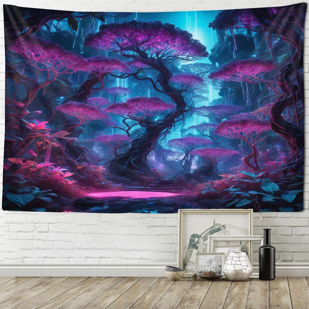 Psychedelic Forest Tapestry Mysterious Purple Tree Fairy Tale Style Wall Decor Polyester Background for Living Room Bedroom
