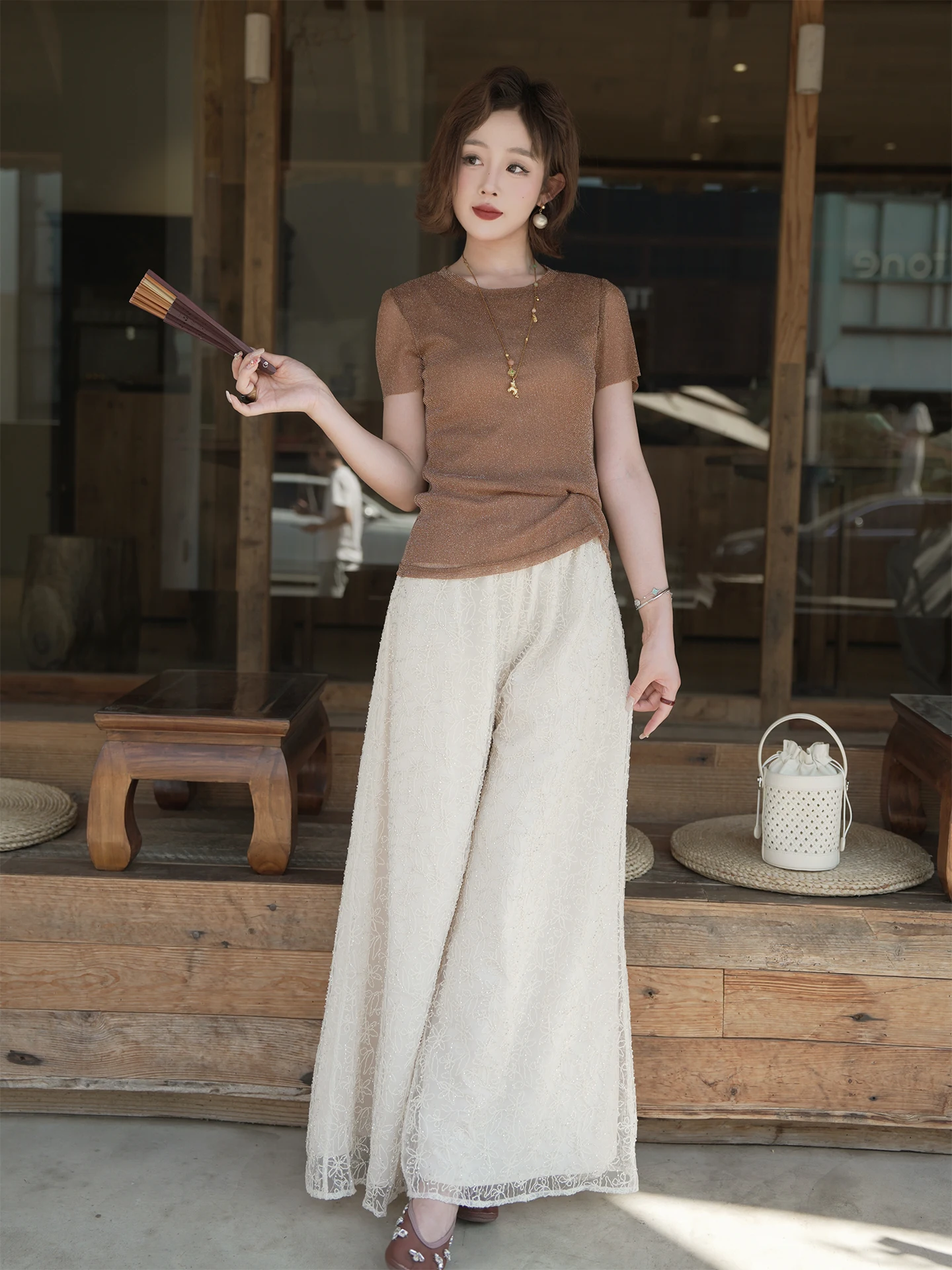 

Yolo High Waist Wide Leg Casual Women's Pants New Chinese Style Embroidery Slimming Drapey Comfortable Polyester Fiber
