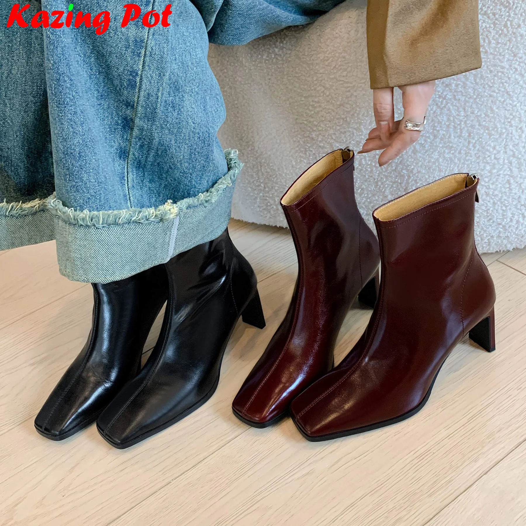 Krazing Pot Cow Leather Square Toe Chunky High Heels Modern Boots Casual Vintage Winter Autumn Zip Brand Solid Women Ankle Boots