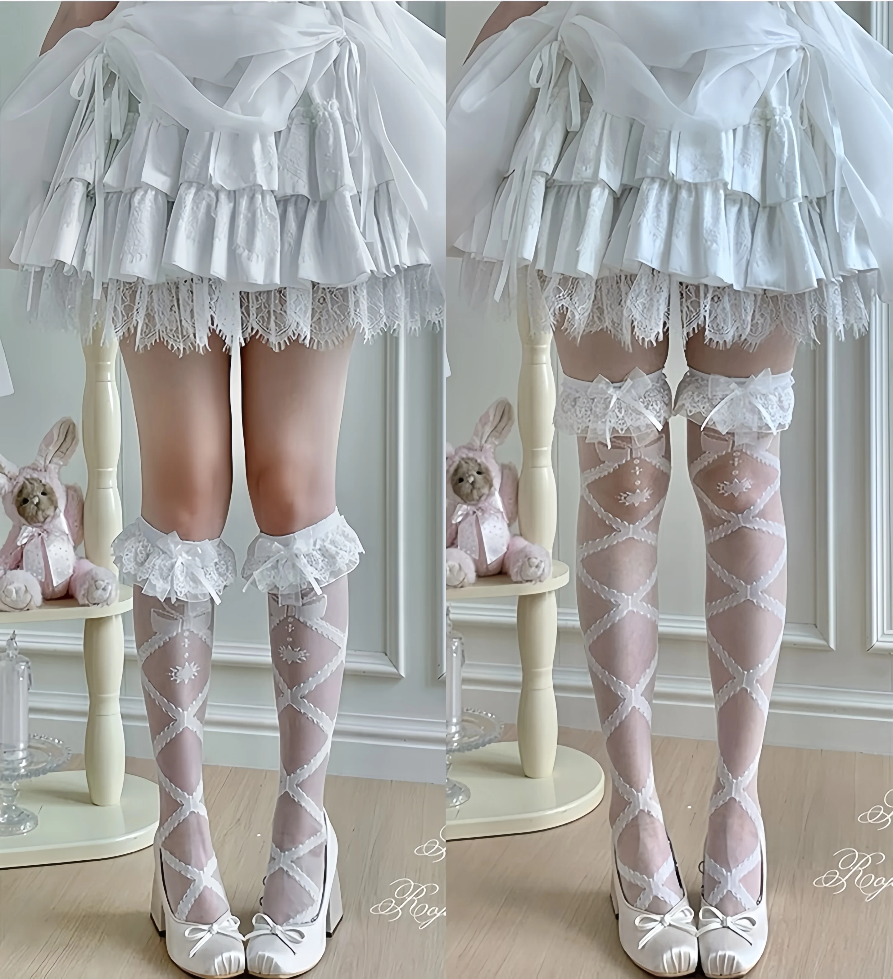 Women's Harajuku Angel Devil Heart Japanese Lolita Lace Socks Summer Mid-Calf Glass Silk Over-the-Knee KC Gothic Socks