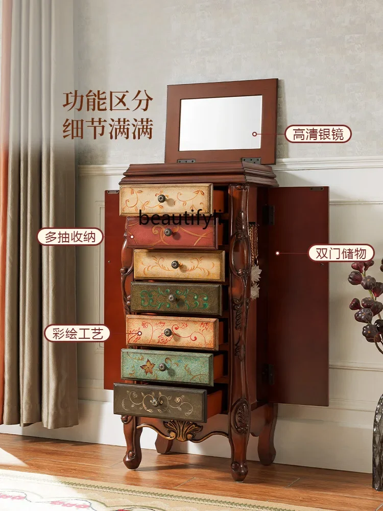 American country jewelry storage cabinet floor-to-ceiling European solid wood chest with mirror decoration   cosmetic cabinet