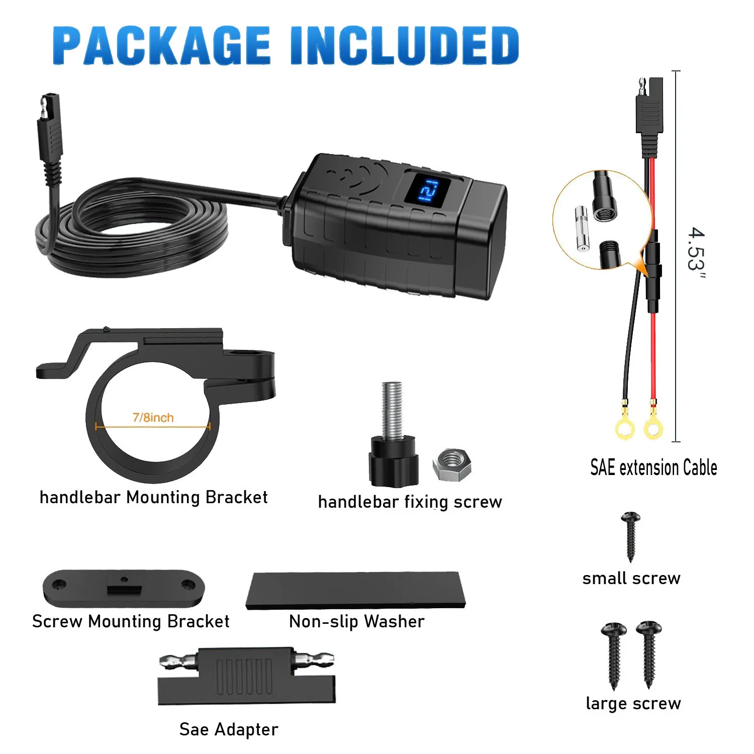 Motorcycle USB Fast Charger Waterproof Socket with Type C QC3.0 Power Outlet Moto Phone Charger with Voltmeter &Switch