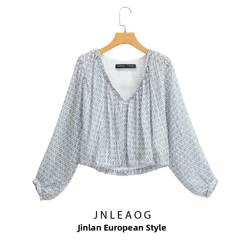 

JNLEAOG, новинка весны, женский топ с воздушным шаром с принтом, све, топ из полиэфирного волокна, свободный крой, длинный светильник V-Ne с принтом для женщин