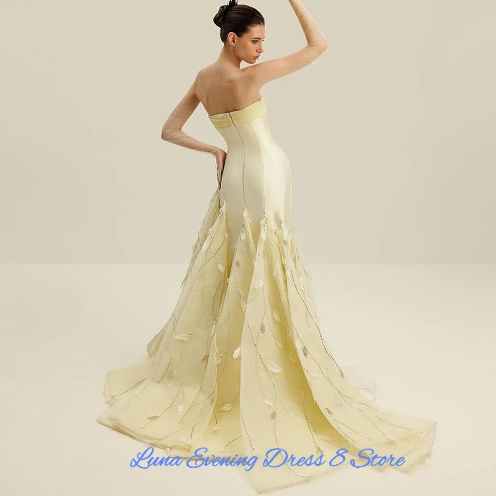 Customized  Exquisite Satin A-Line Appliques and Sequined Evening Dresses Strapless Sleeveless Panel Train Zipper Back