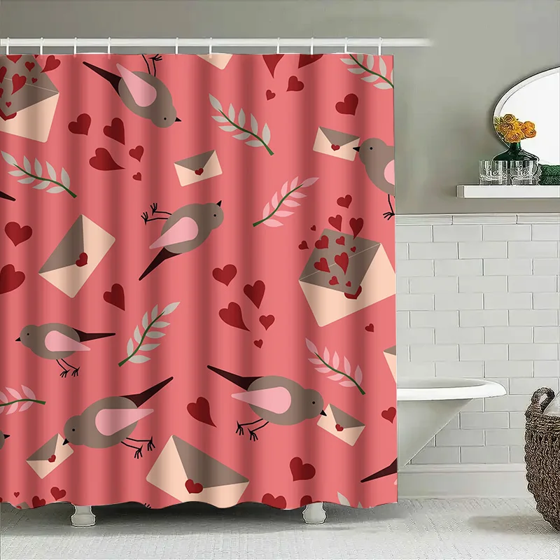

Занавеска для душа в винтажном стиле с рисунком конвертов с изображением птиц любви для украшения ванной комнаты, красный, розовый, 150x180 см