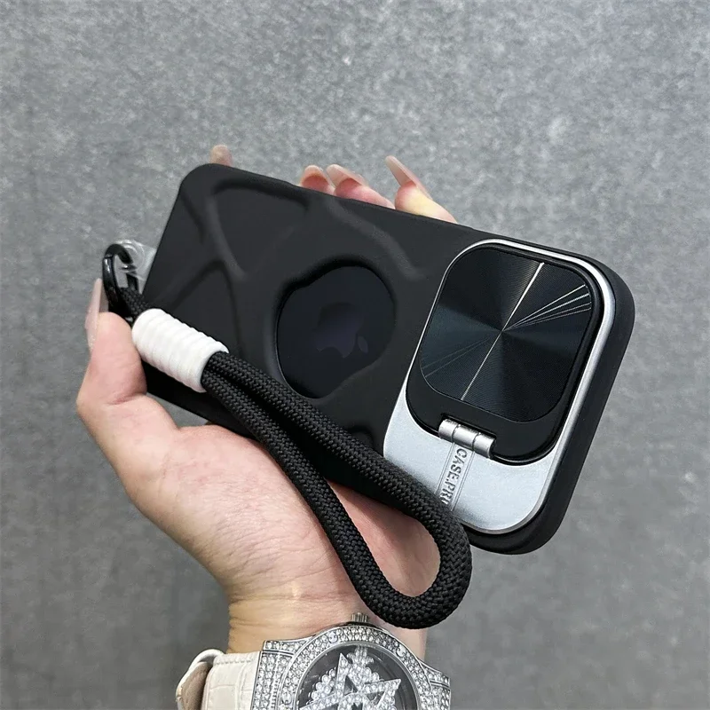 Fold Camera Protection Lens Stand Holder Soft Case For iPhone 16 15 14 13 12 11 Pro Max Wrist Strap Silicone Shockproof Cover