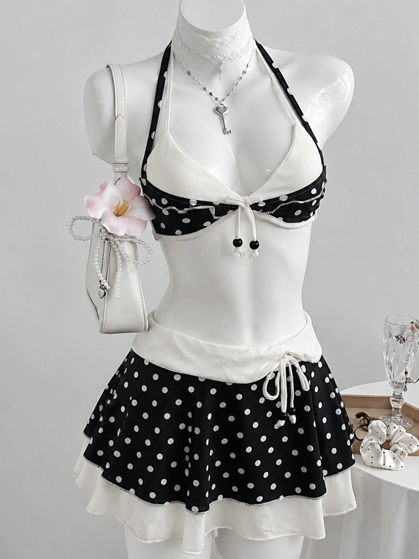 Black White Polka Dot 3 Piece Bikini Halter Bow Tie Swimsuit Double Layer Ruffle Skirt