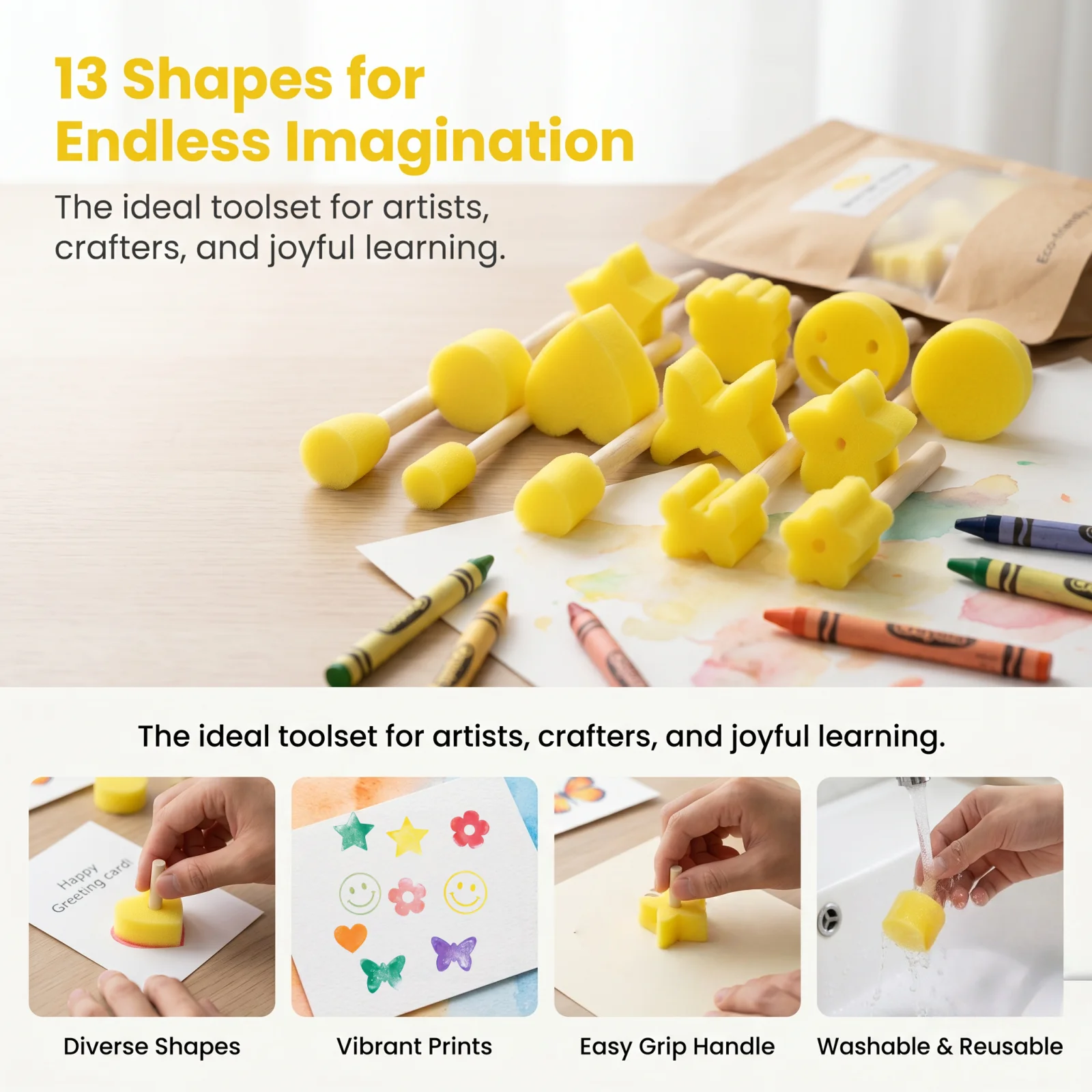 11Pcs Wooden Handle Sponge Stamp Set, 4-Color Assorted Shapes, Washable DIY Art Craft Supplies for Painting