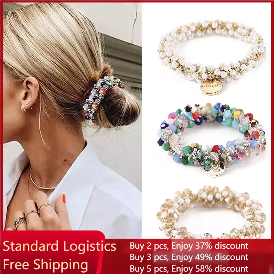 1pc Women Crystal Pearls Hair Rope Handmade Elastic Beaded Ponytail Holders Hair Ties For Women And Girls Hair Accessories