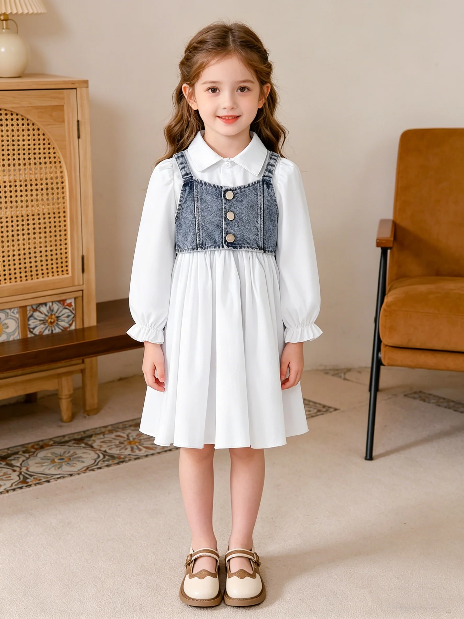 Mädchen Frühling Herbst Denim Patchwork Langarm-Hemdkleid Kinder College-Stil A-Linien-Rock Neuerscheinung